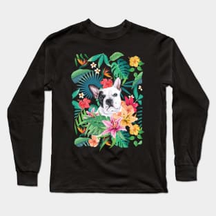 Tropical Black White Frenchie French Bulldog Long Sleeve T-Shirt